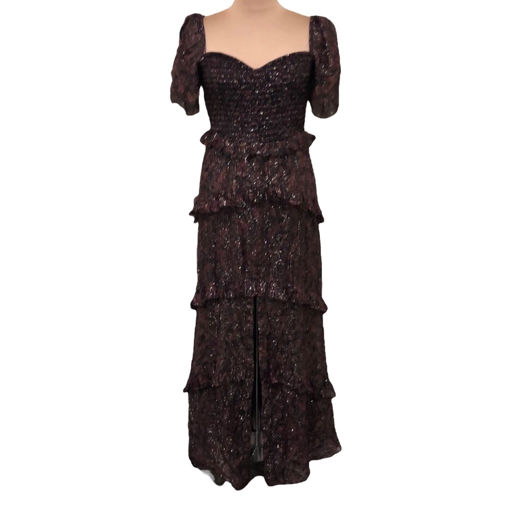 Rococo Sand Maxi Dress Size Large Red Black Gold Metallic Floral Ruffle Tiered